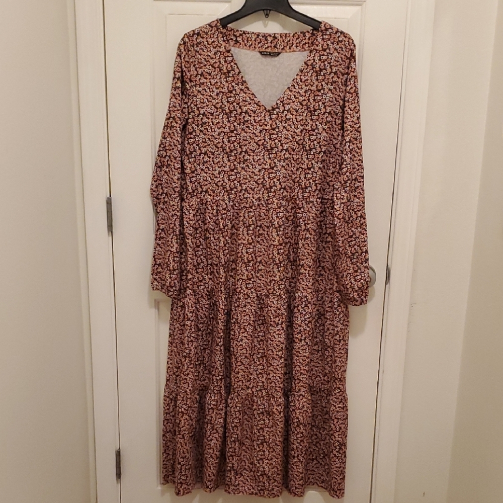SHEIN Long Sleeve Floral Dress in Red and Black